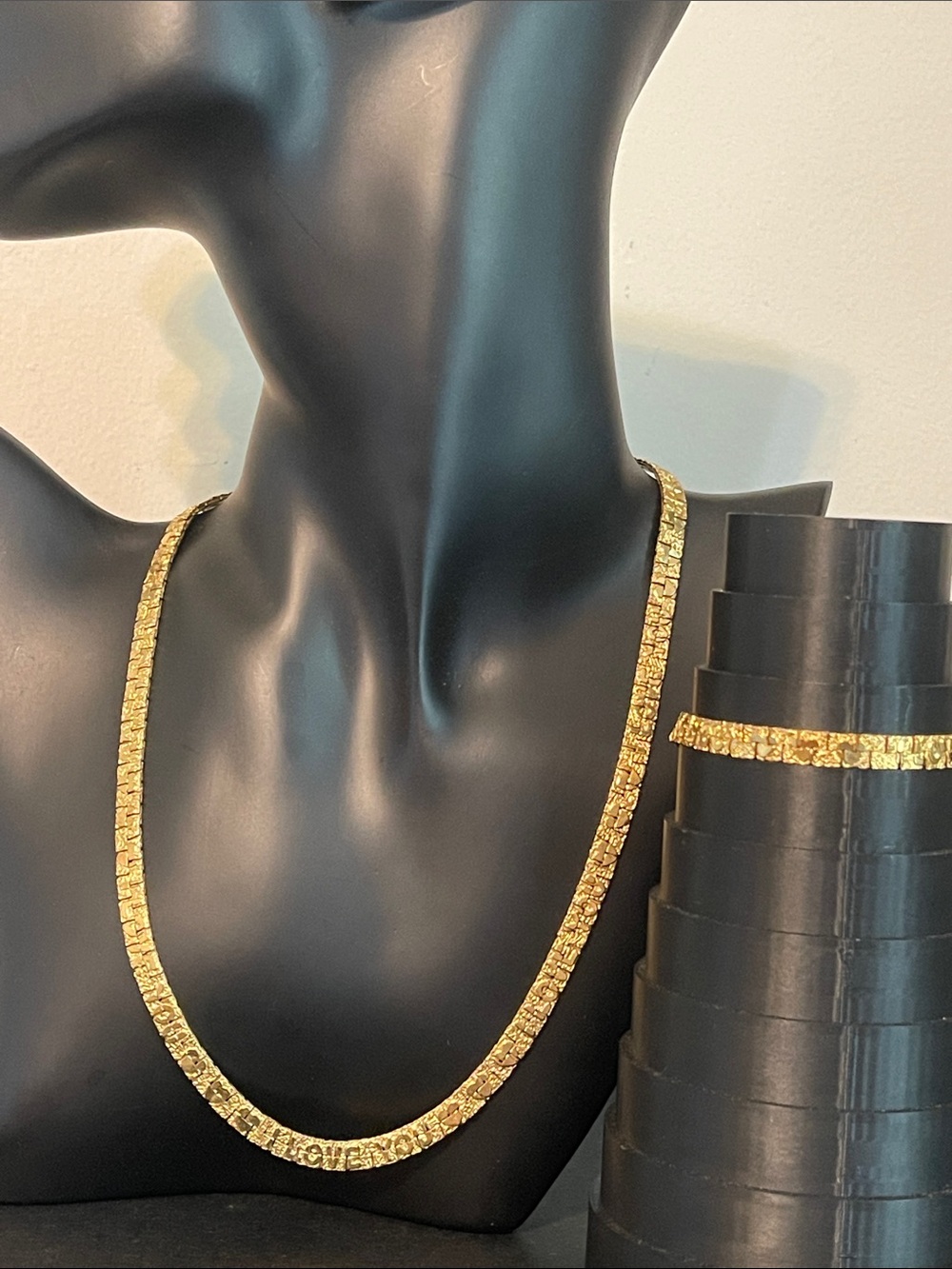 1991 Avon “Twice as Nice” I Love You Reversible Gold Nugget Chain & Bracelet Set